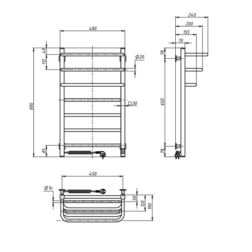 Kupaonski električni radijator sa termostatom FORTIS 350W/230V 80,6 cm IP44 crni levi