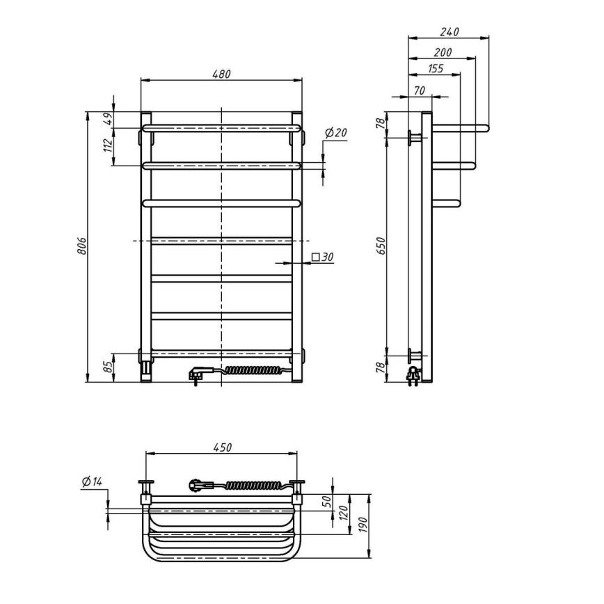 Kupaonski električni radijator sa termostatom FORTIS 350W/230V 80,6 cm IP44 crni desni uglast
