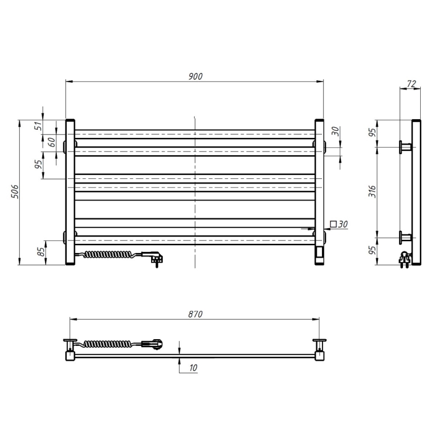 Kupaonski merdevinski radijator sa termostatom AVANGARD 316W/230V 50,6 cm IP44 crni levostrani pravougaoni