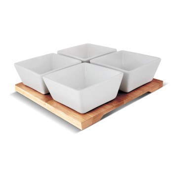 Lamart - Set od 4 porculanske činije 19x19 cm + drveni poslužavnik