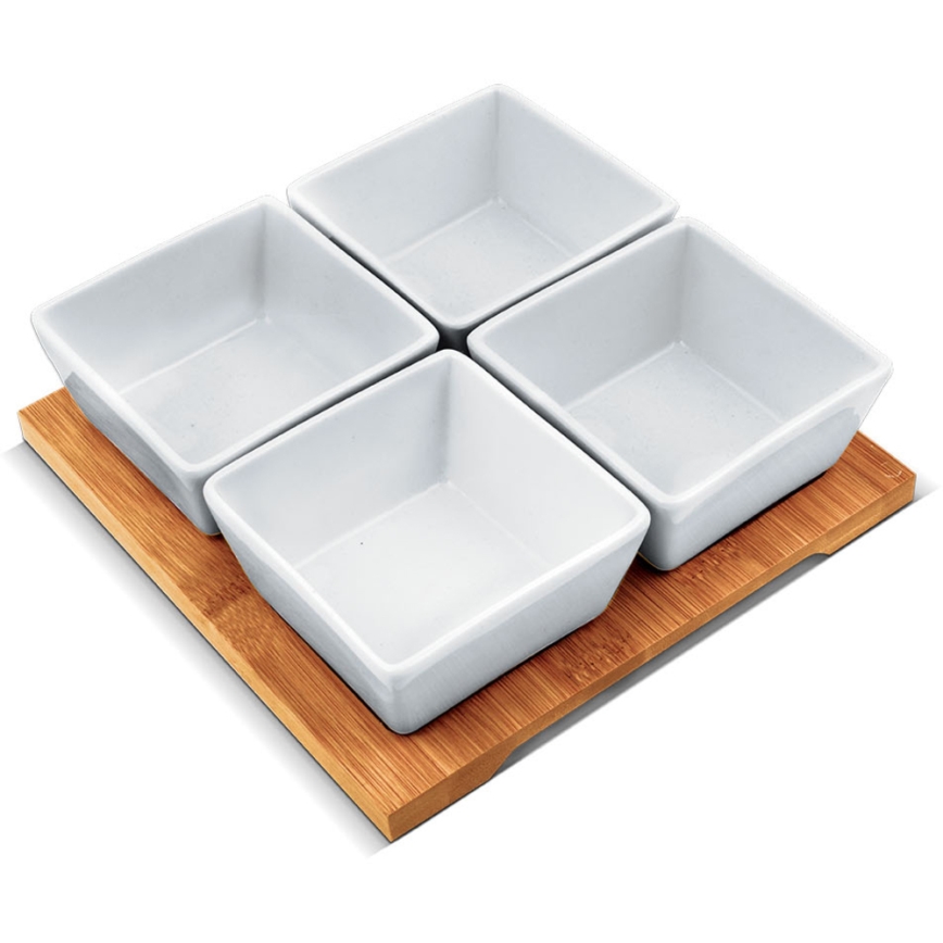 Lamart - Set od 4 porculanske činije 19x19 cm + drveni poslužavnik