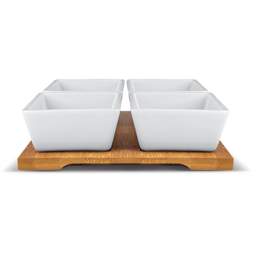 Lamart - Set od 4 porculanske činije 19x19 cm + drveni poslužavnik