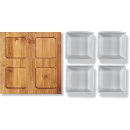 Lamart - Set od 4 porculanske činije 19x19 cm + drveni poslužavnik