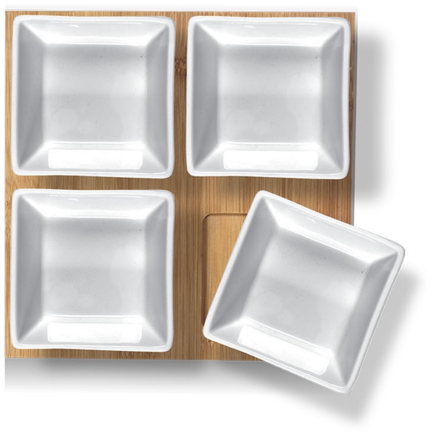 Lamart - Set od 4 porculanske činije 19x19 cm + drveni poslužavnik