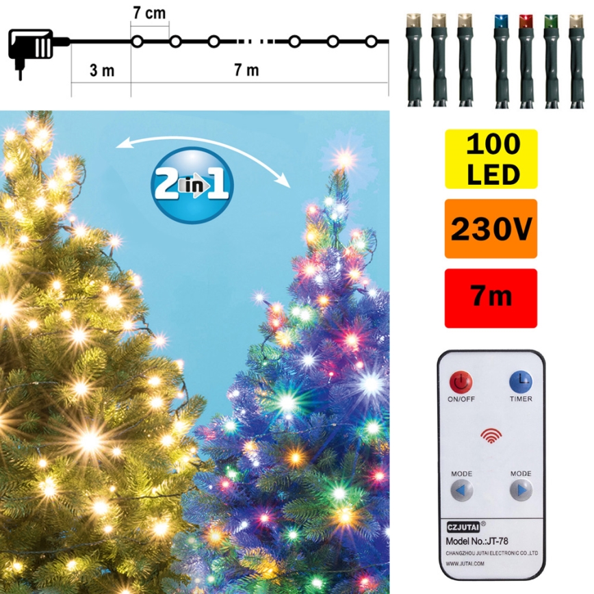 LED božićni lanac za spoljašnju upotrebu 100xLED 10m IP44 topla bela/višebojno + daljinski upravljač