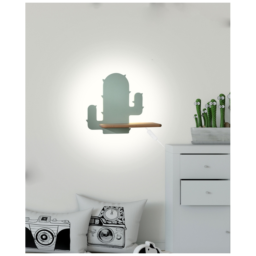 LED Dečija zidna lampa sa policom CACTUS LED/4W/230V zelena/drvo