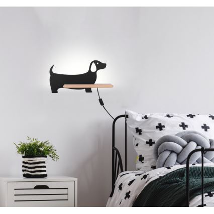LED Dečija zidna lampa sa policom DOG LED/5W/230V crno/drvo