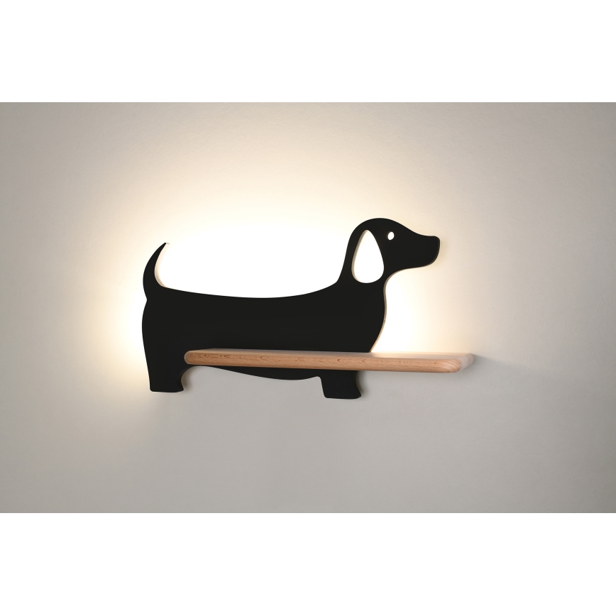 LED Dečija zidna lampa sa policom DOG LED/5W/230V crno/drvo