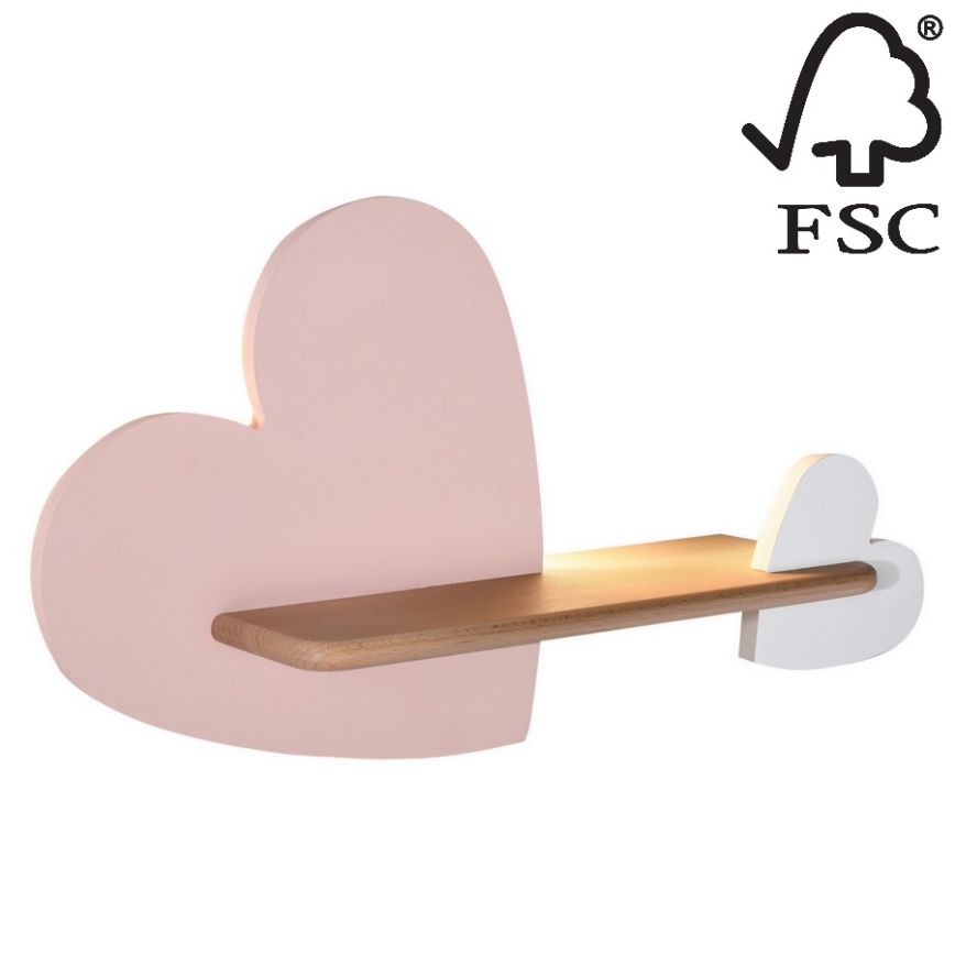 LED Dečija zidna lampa sa policom HEART LED/5W/230V roze/bela/drvo