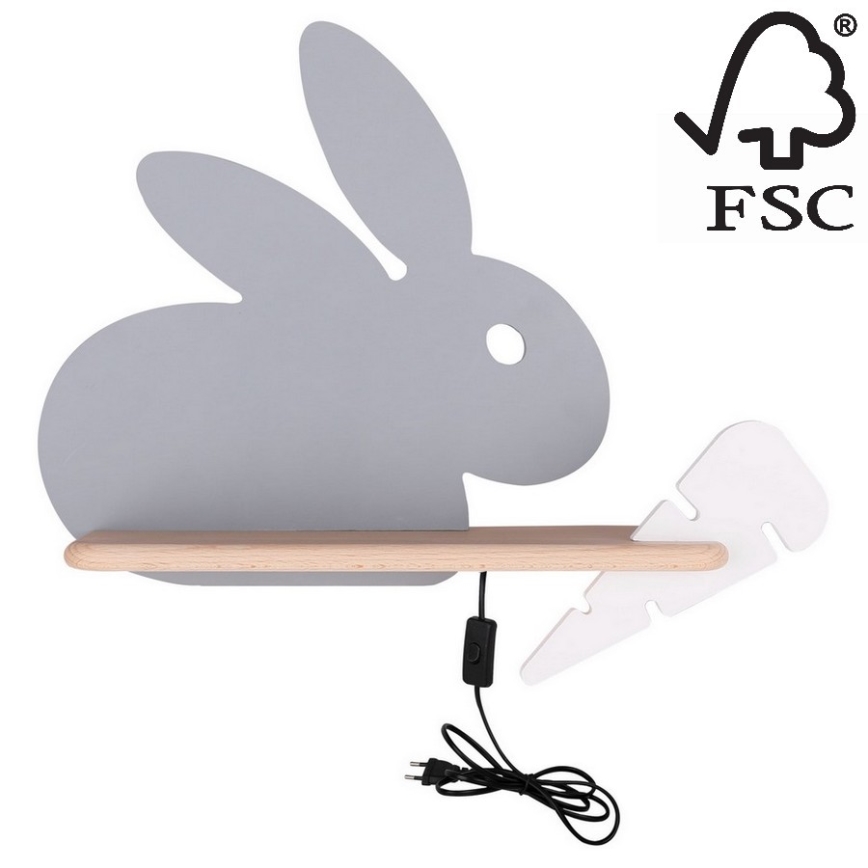 LED Dečija zidna lampa sa policom RABBIT LED/4W/230V sivo/bela/drvo