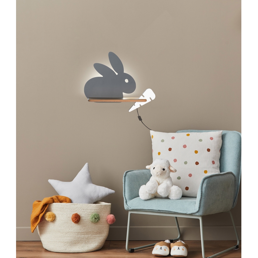 LED Dečija zidna lampa sa policom RABBIT LED/4W/230V sivo/bela/drvo
