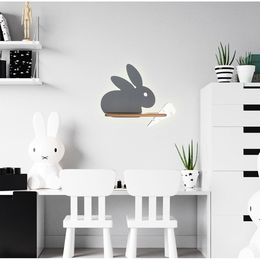 LED Dečija zidna lampa sa policom RABBIT LED/4W/230V sivo/bela/drvo