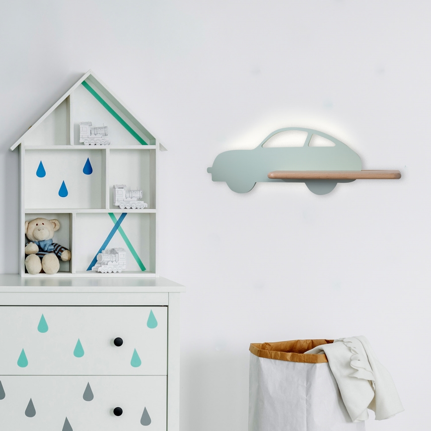 LED dečije zidno svetlo sa policom CAR LED/5W/230V zeleno/drvo,