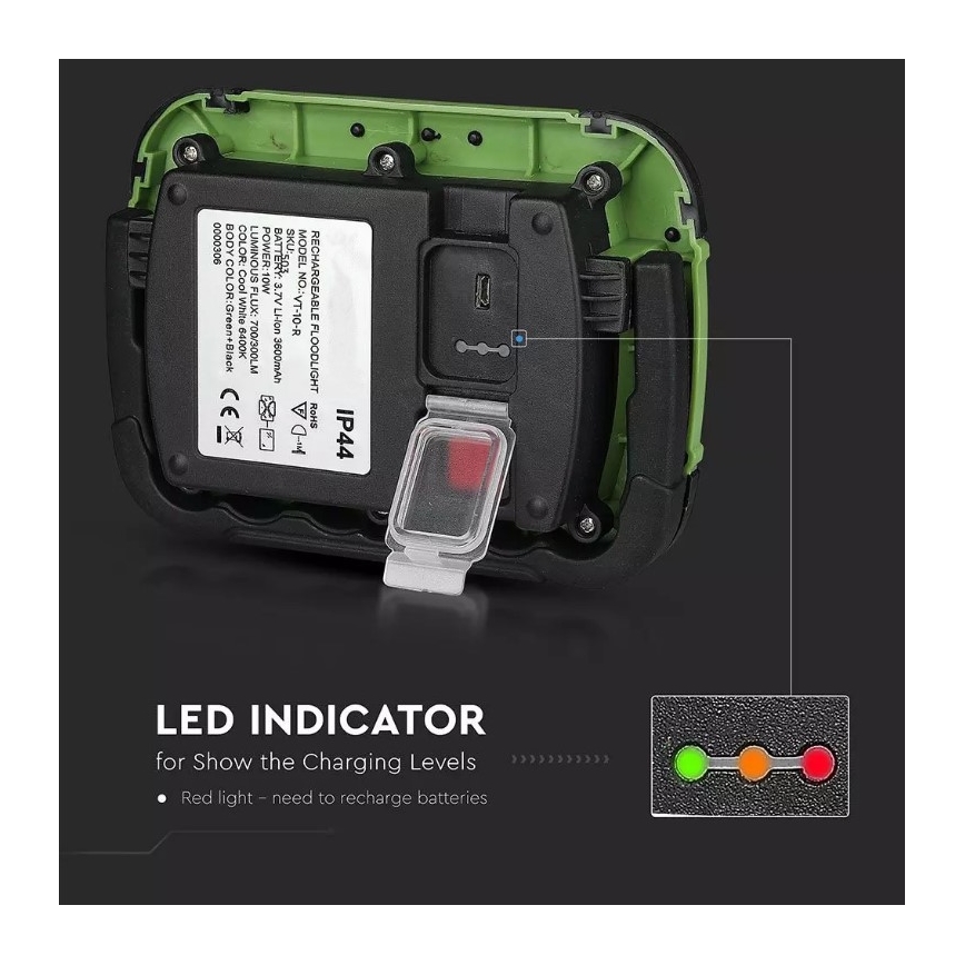 LED LED Punjivi reflektor SAMSUNG CHIP LED/10W/3,7V IP44 4000K 3600 mAh zelena