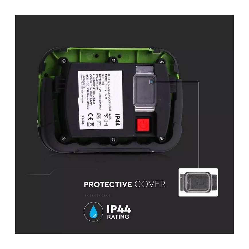 LED LED Punjivi reflektor SAMSUNG CHIP LED/10W/3,7V IP44 4000K 3600 mAh zelena