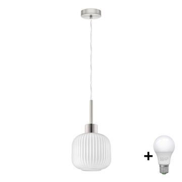 LED luster na lanku HARMA 1xE27/60W/230V prečnik 20 cm mat hrom/bela