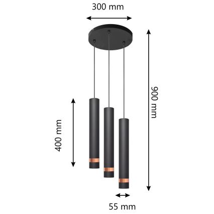 LED luster na sajli TUBA 3xGU10/4,8W/230V crno/bakrena