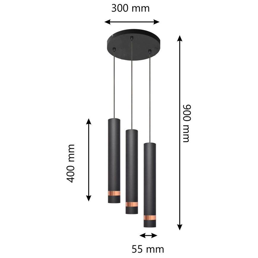 LED luster na sajli TUBA 3xGU10/4,8W/230V crno/bakrena