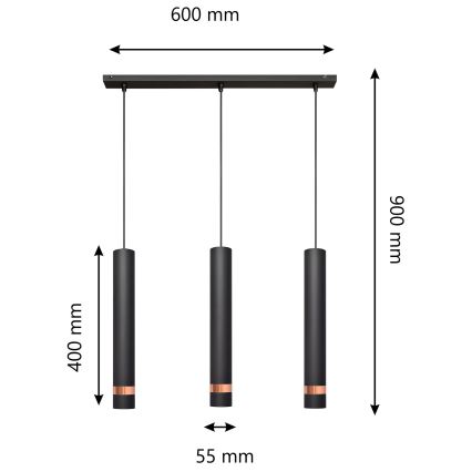 LED luster na sajli TUBA 3xGU10/4,8W/230V crno/bakrena