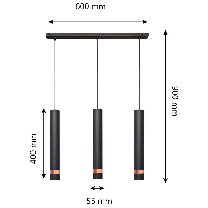 LED luster na sajli TUBA 3xGU10/4,8W/230V crno/bakrena