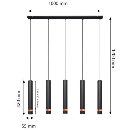 LED luster na sajli TUBA 5xGU10/6,5W/230V crno/bakrena