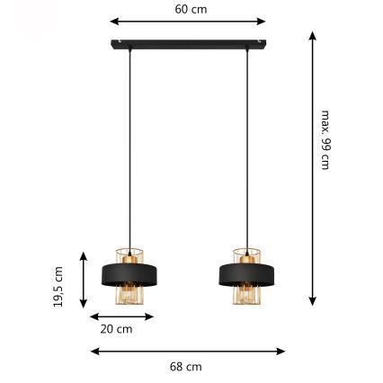 LED luster na sajli VOLTA 2xE27/15W/230V crno/zlatna