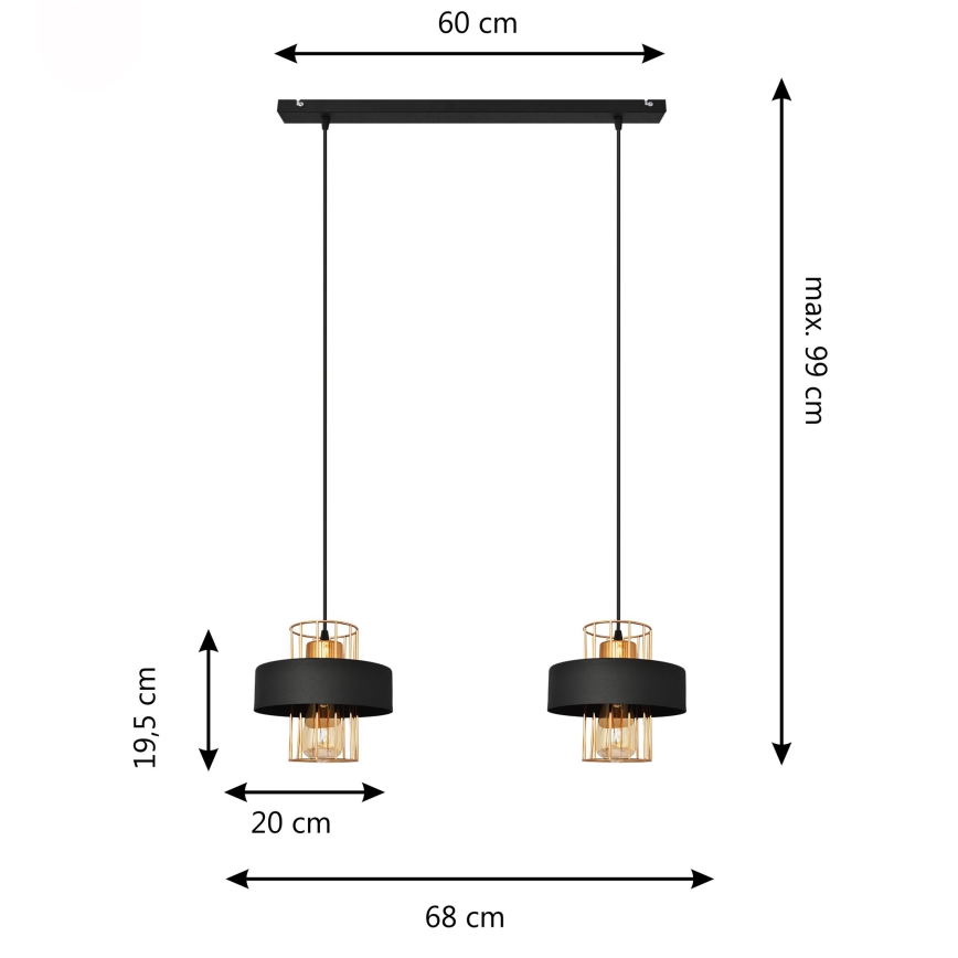 LED luster na sajli VOLTA 2xE27/15W/230V crno/zlatna