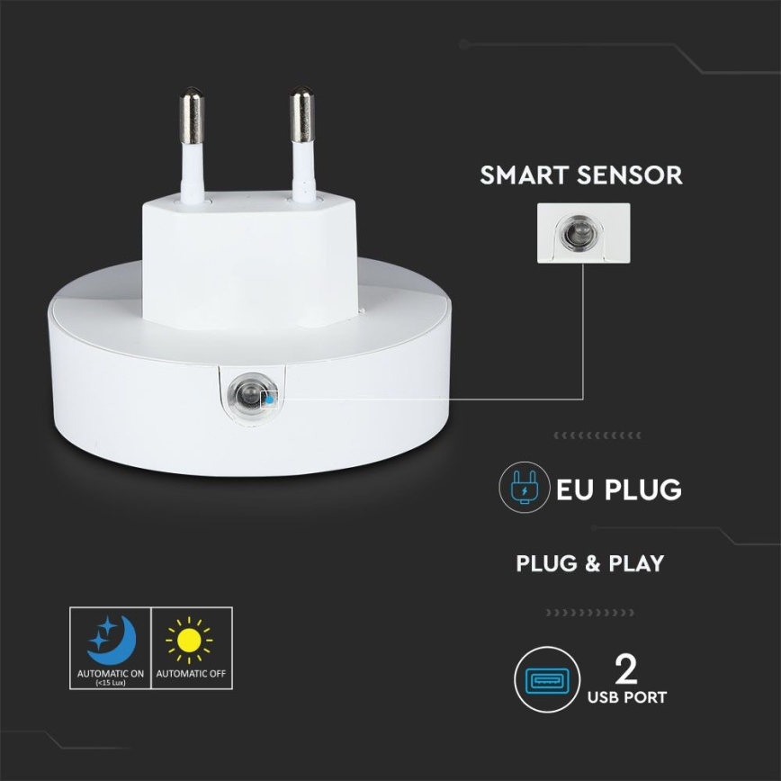 LED Noćno svetlo za utičnicu sa senzorom za dan/noć 2xUSB LED/0,45W/230V 3000K