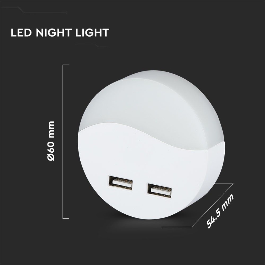 LED Noćno svetlo za utičnicu sa senzorom za dan/noć 2xUSB LED/0,45W/230V 3000K