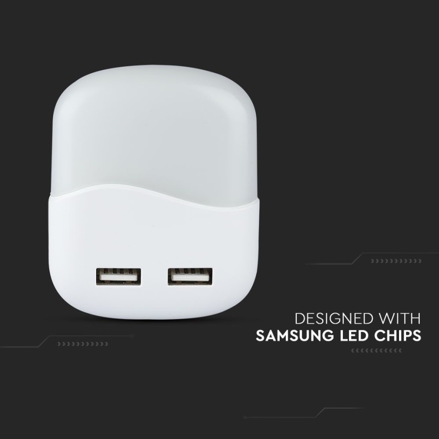 LED Noćno svetlo za utičnicu sa senzorom za dan/noć 2xUSB LED/0,45W/230V 3000K