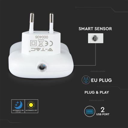 LED Noćno svetlo za utičnicu sa senzorom za dan/noć 2xUSB LED/0,45W/230V 3000K