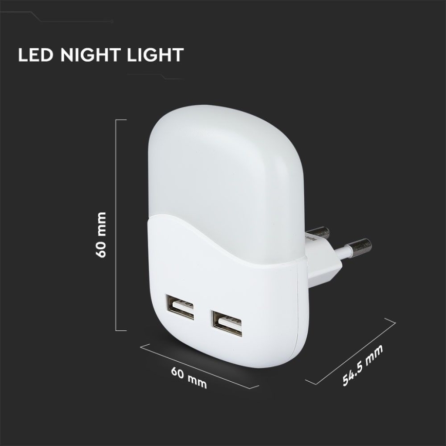 LED Noćno svetlo za utičnicu sa senzorom za dan/noć 2xUSB LED/0,45W/230V 3000K