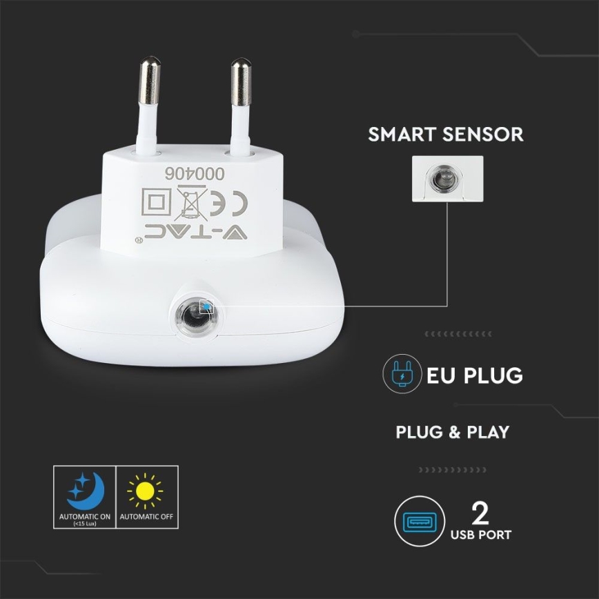 LED Noćno svetlo za utičnicu sa senzorom za dan/noć 2xUSB LED/0,45W/230V 4000K