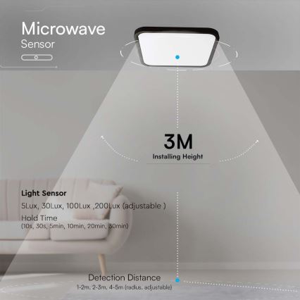 LED Plafonjera za kupatilo sa senzorom LED/18W/230V 4000K IP44 crno + Daljinski upravljač