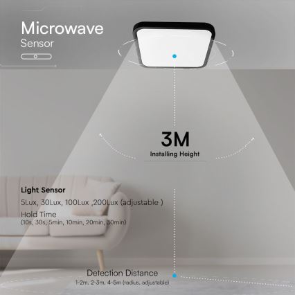 LED Plafonjera za kupatilo sa senzorom SAMSUNG CHIP LED/18W/230V IP44 4000K 29x29 cm crno + Daljinski upravljač