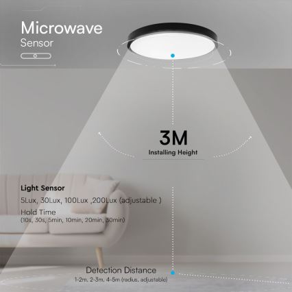 LED Plafonjera za kupatilo sa senzorom SAMSUNG CHIP LED/18W/230V IP44 4000K pr. 29 cm crno + Daljinski upravljač