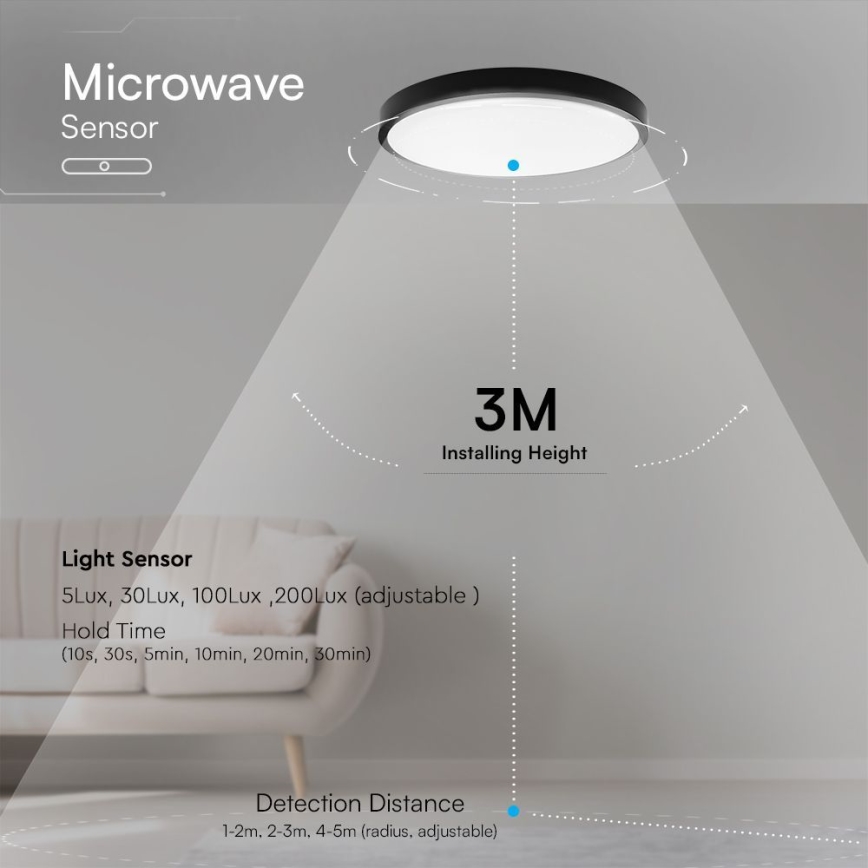 LED Plafonjera za kupatilo sa senzorom SAMSUNG CHIP LED/18W/230V IP44 4000K pr. 29 cm crno + Daljinski upravljač