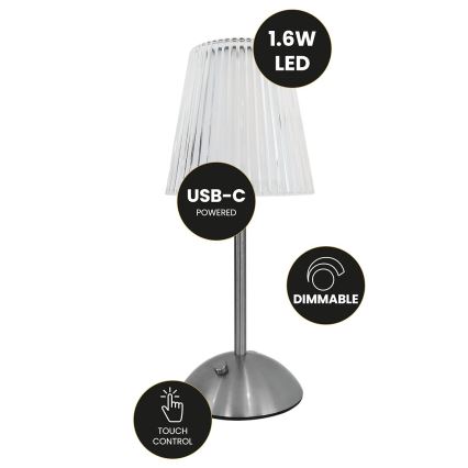 LED Prigušiva punjiva stona lampa na dodir ELBA LED/1,6W/800 mAh mat krom/prozirna