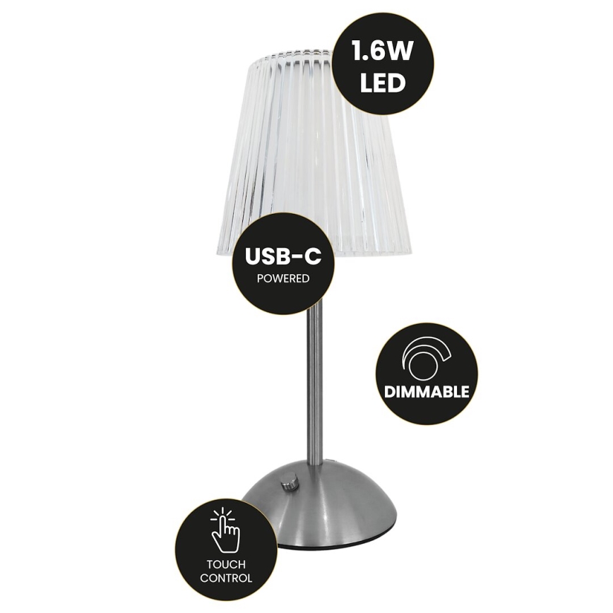 LED Prigušiva punjiva stona lampa na dodir ELBA LED/1,6W/800 mAh mat krom/prozirna