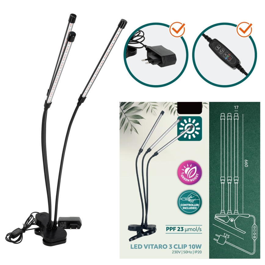 LED prigušiva fleksibilna stona lampa sa klipom za gajenje biljaka VITARO 3xLED/10W/230V crna