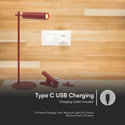 LED Prigušiva magnetna punjiva stona lampa 3u1 LED/3W/5V 4000K 1500 mAh crveno