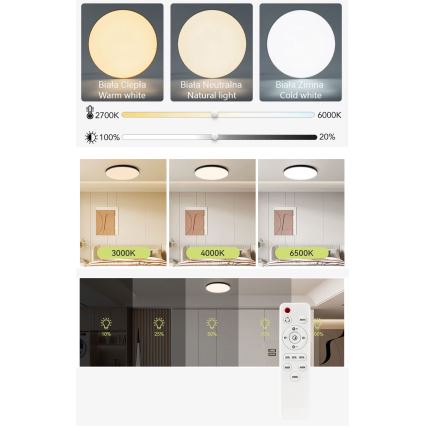 LED prigušiva stropna svetiljka LED/50W/230V 3000-6500K prečnik 50 cm crna + daljinski upravljač