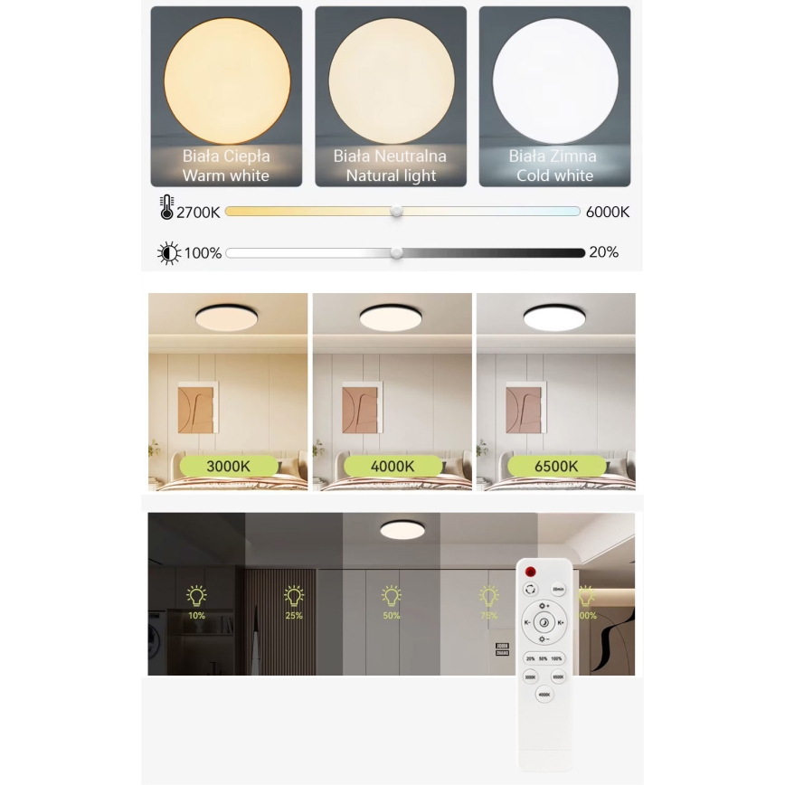 LED prigušiva stropna svetiljka LED/50W/230V 3000-6500K prečnik 50 cm crna + daljinski upravljač