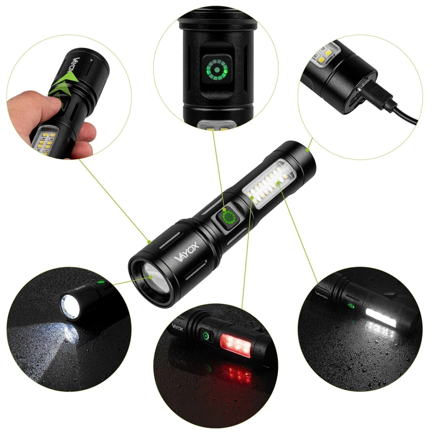 LED Prigušiva punjiva baterijska lampa sa crveno svetlo LED/5W/5V IPX4 260 Im 2000 mAh