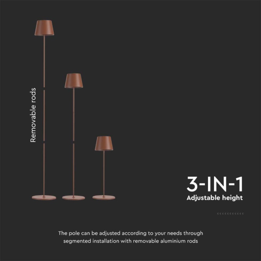 LED Prigušiva punjiva podna lampa 3u1 LED/4W/5V 4400 mAh 3000K IP54 braon