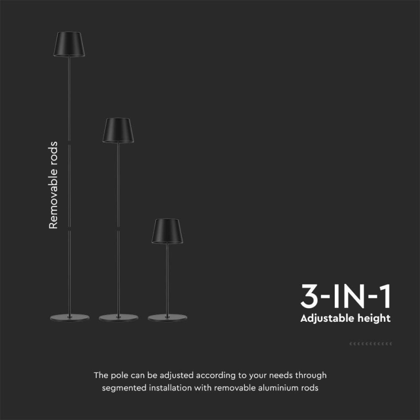 LED Prigušiva punjiva podna lampa 3u1 LED/4W/5V 4400 mAh 3000K IP54 crno