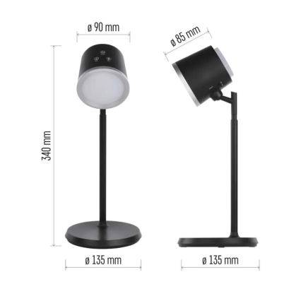 LED Prigušiva punjiva stona lampa 4u1 LED/6W/3,7V 3000K/4000K/6500K 1500mAh crno