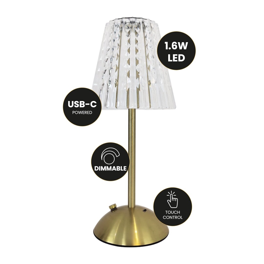 LED Prigušiva punjiva stona lampa na dodir ELBA LED/1,6W/800 mAh 3000/4000/6000K zlatna/prozirna