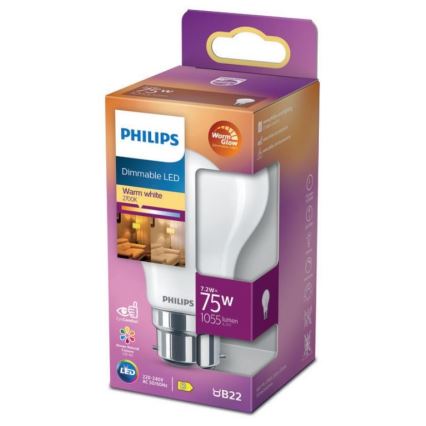 LED Prigušiva sijalica Philips Warm Glow A60 B22/7,2W/230V 2200-2700K CRI 90