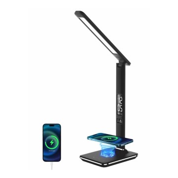 LED prigušiva stona lampa sa bežičnim punjenjem QI i USB KINGFISHER LED/8,5W/230V crna
